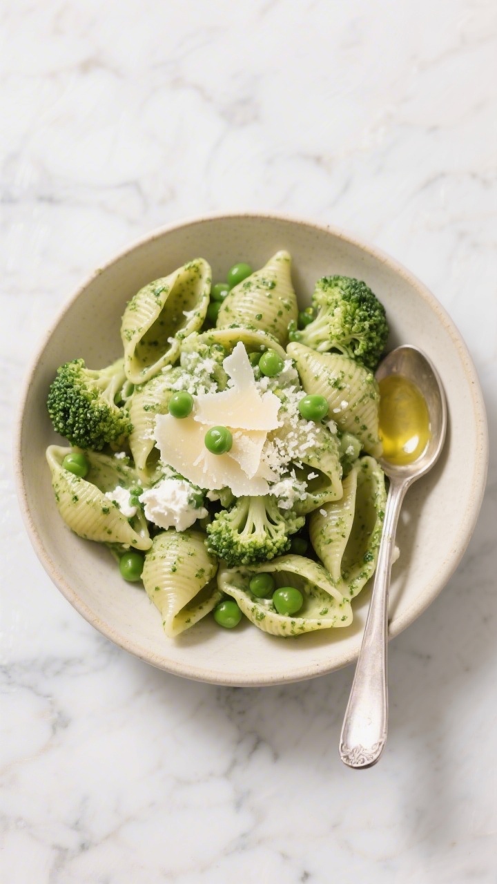 Overhead plated shot of creamy broccoli pesto pasta shells: small pasta shells coated in a velvety green sauce of broccoli, peas, cream cheese, Parmesan, and olive oil; extra Parmesan grated over the top with a few intact peas and tiny broccoli florets for texture; served in a shallow cream ceramic bowl on a marble surface with a spoon and light olive oil sheen catching the light.