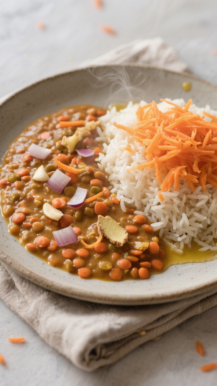 Overhead plated shot of Creamy Coconut Lentil Dhal with Soft Carrot Rice: a shallow bowl filled with velvety red lentil dhal cooked in coconut oil, speckled with finely minced onion, tiny garlic bits, and fresh grated ginger; alongside a fluffy mound of soft “carrot rice” (finely grated carrot folded into tender rice), both drizzled lightly with coconut oil; warm turmeric-gold tones, gentle steam, served on a matte stoneware plate over a linen napkin for cozy, kid-friendly comfort.
