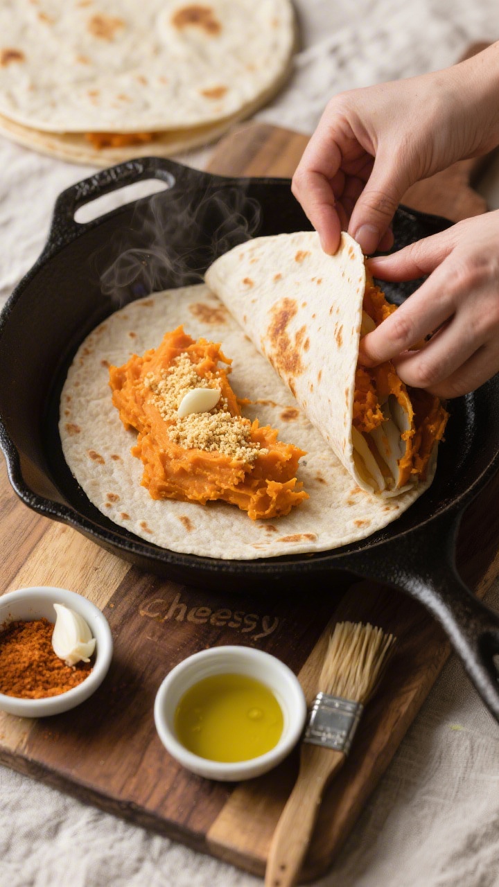 Overhead process shot of assembling dairy-free sweet potato “cheesy” quesadillas: warm tortillas on a cast-iron skillet and a nearby board, vivid orange mashed sweet potato mixed with nutritional yeast spread over half the tortilla, a pinch of garlic and onion powder in small pinch bowls, a brush of olive oil ready for the pan; one quesadilla folded and lightly seared with golden spots; clean lines, rustic linen, high contrast to emphasize texture, steam subtly visible.