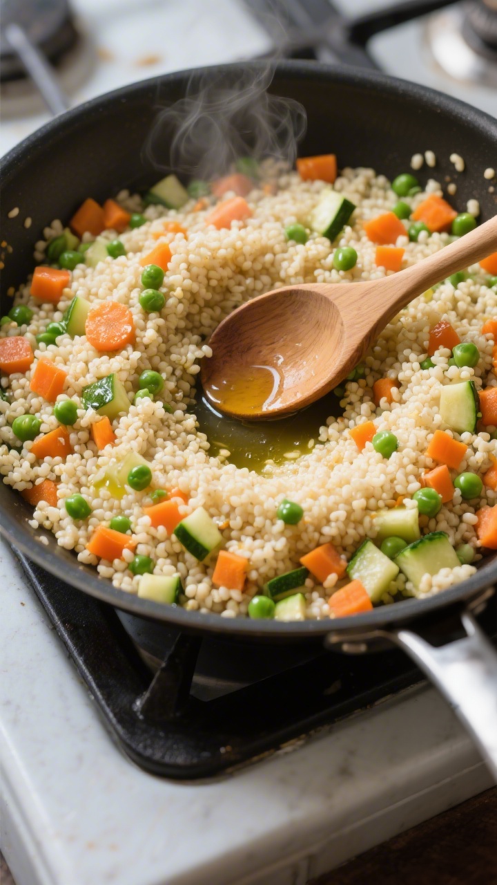 Overhead process shot of “fried rice” couscous in a wide skillet: fluffy couscous pearls sautéed in olive oil with finely diced carrot, peas, and finely diced zucchini, glistening with a touch of broth; wooden spoon creating a small well to show texture separation, steam subtle, colors bright (orange, green), clean stovetop surface, emphasis on egg-free, kid-friendly appeal.