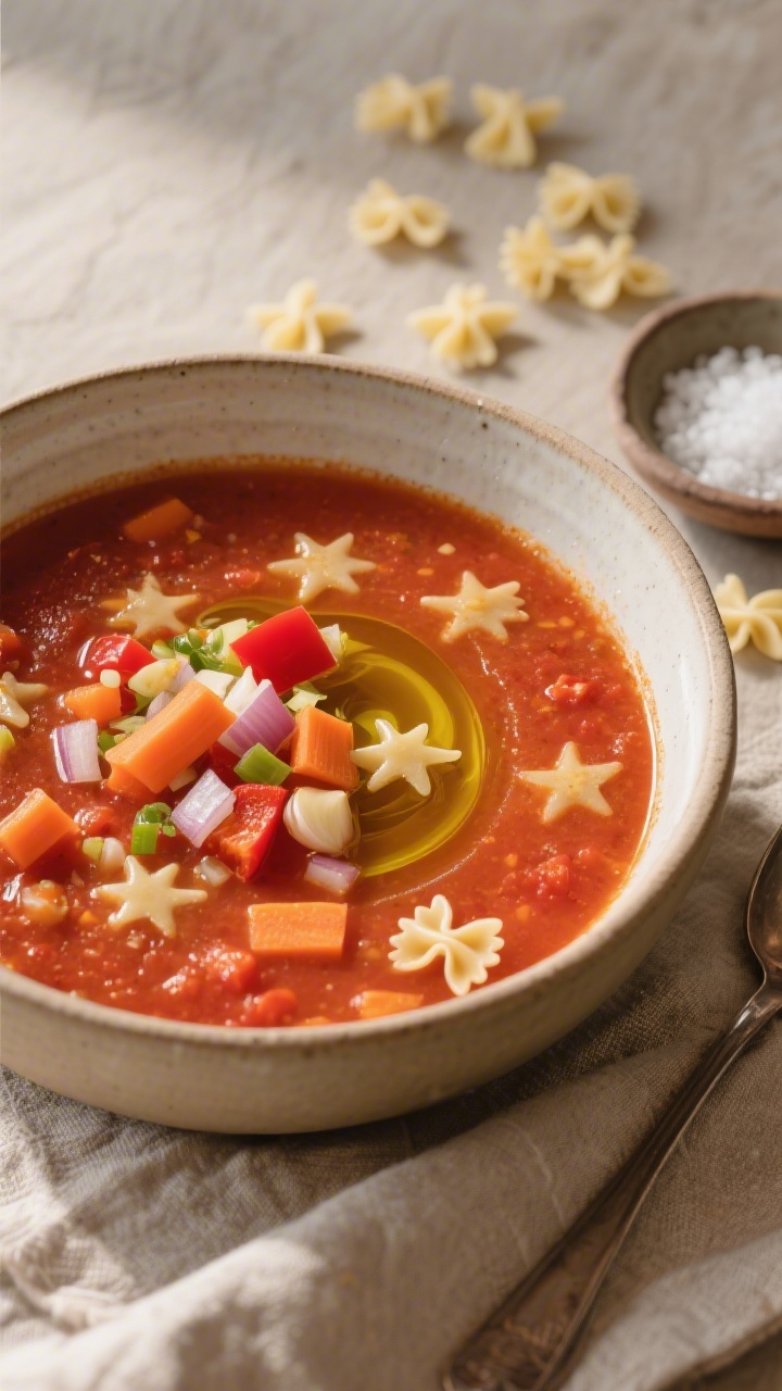 Overhead rustic soup scene: a cozy tomato veggie soup with mini star pasta in a wide, low bowl; visible bits of finely chopped onion, sliced carrot, chopped red bell pepper, and minced garlic simmered into a no-salt-added crushed tomato base, a swirl of olive oil on top; scattered raw mini star pasta and a small dish of sea salt on the side for styling; warm, soft lighting with a linen cloth and a spoon partially in frame.