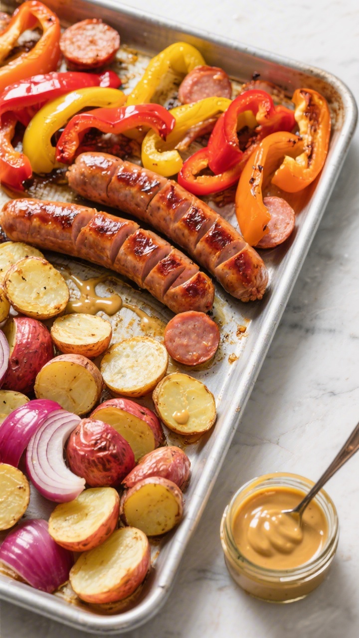 Overhead sheet-pan ingredient-to-final transition for Rainbow Sausage, Taters, and “Magic” Honey-Mustard: a rimmed metal sheet pan with halved baby gold and red potatoes, coin-sliced fully cooked sausage, ribbons of red, yellow, and orange bell peppers, and wedges of small red onion arranged by color; a small jar of glossy honey-mustard dressing to the side with a spoon drip; half the pan shown roasted with caramelized edges and blistered peppers, half still raw for contrast; vibrant, crisp, and rustic weeknight energy.