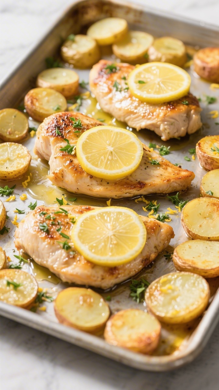 Overhead sheet-pan scene of lemon herb chicken and potato coins: even-thickness chicken cutlets roasted alongside 1/4-inch baby potato coins, both glistening with olive oil; lemon zest sprinkled over, lemon slices and a squeeze of juice pooled on the pan, chopped herbs scattered; edges of potatoes crisp and golden, clean, sunlit styling to echo fresh citrus notes.