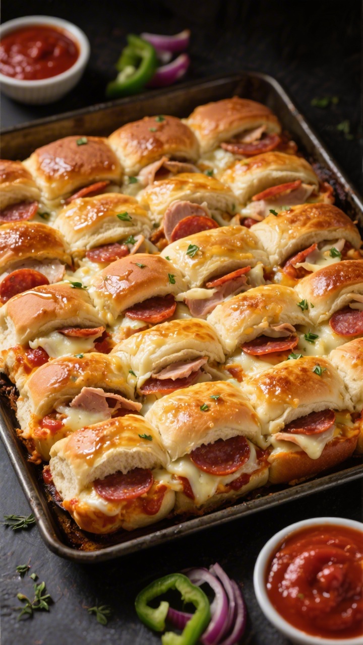 Overhead sheet-pan scene of Touchdown Baked Pizza Sliders: a 12-count slab of Hawaiian rolls split, spread with pizza sauce, layered with low-moisture mozzarella slices and turkey pepperoni, topped and brushed with a light garlic-butter-herb glaze; cheese visibly melted and stretchy at the edges, some pepperoni peeking; small bowls of extra marinara, sliced green bell pepper and red onion garnishes nearby; crisp, contrasty lighting to accent golden tops and gooey interiors, styled on a dark metal pan.