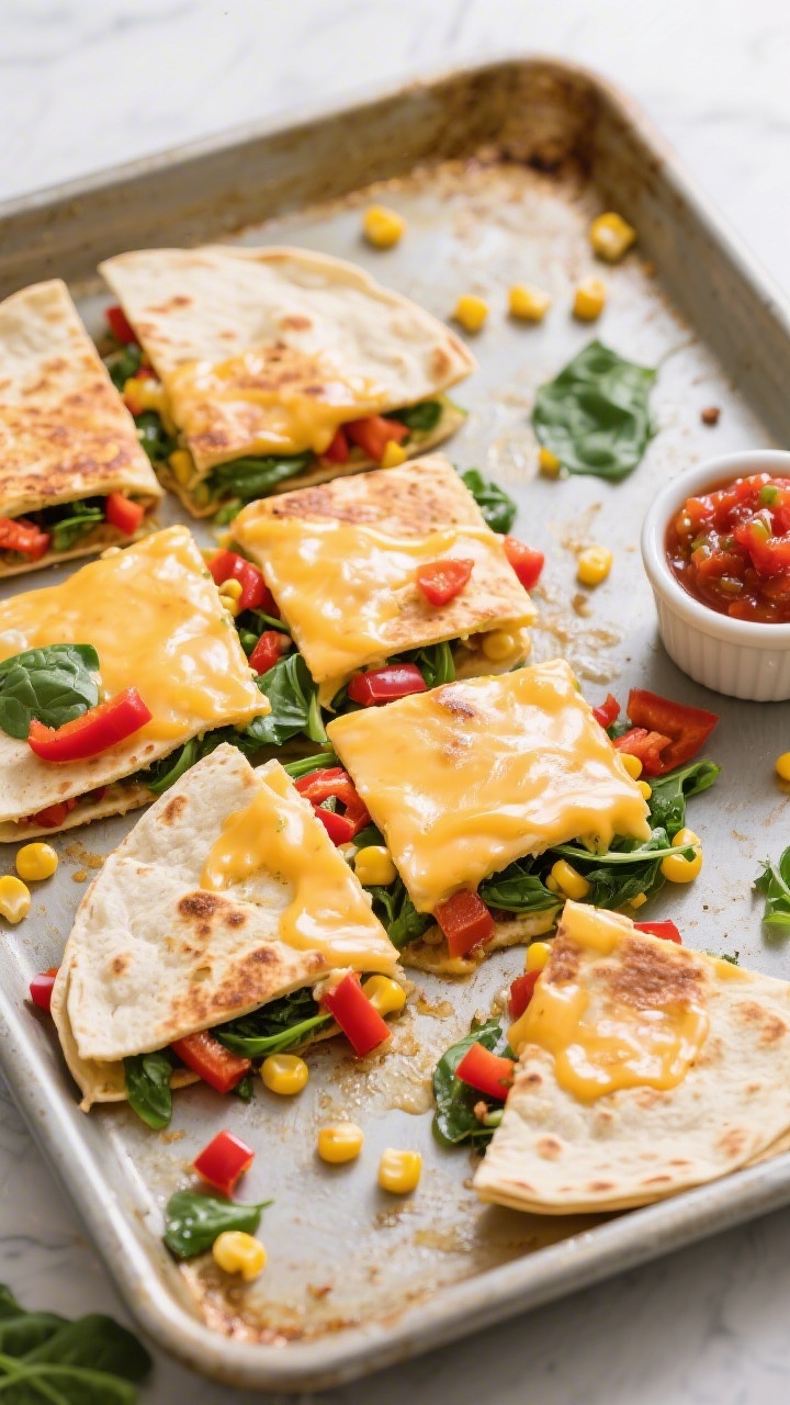 Overhead sheet-pan scene of veggie quesadilla squares fresh from the oven: flour tortillas layered with melted Monterey Jack, finely diced red bell pepper, sweet corn kernels, and finely chopped baby spinach. Quesadillas are cut into neat squares directly on the pan, cheese visibly oozing at edges. Scattered corn and spinach bits on the pan for authenticity, a small ramekin of salsa to one side. Crisped tortilla edges, vibrant red-green-yellow pops, bright and tidy family-friendly vibe.