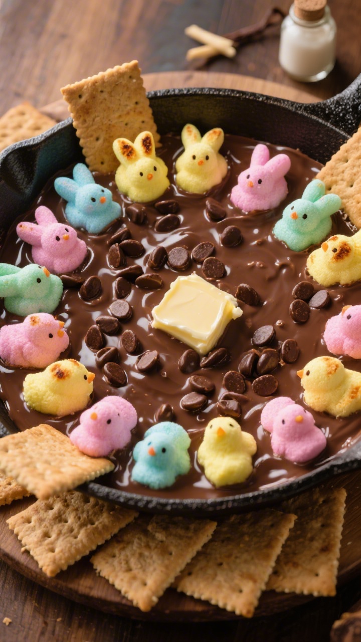Overhead shot of a cast-iron skillet s’mores dip: bottom layer of melted chocolate chips glistening around the edges, topped with 20–24 Peeps chicks and bunnies in mixed pastel colors, lightly blistered and toasty; a pat of butter gloss evident on the skillet edge, optional vanilla noted with a tiny bottle in the background; graham cracker squares fanned around the skillet for dipping, warm, cozy mood with rich contrast and gooey pull visible at one edge.
