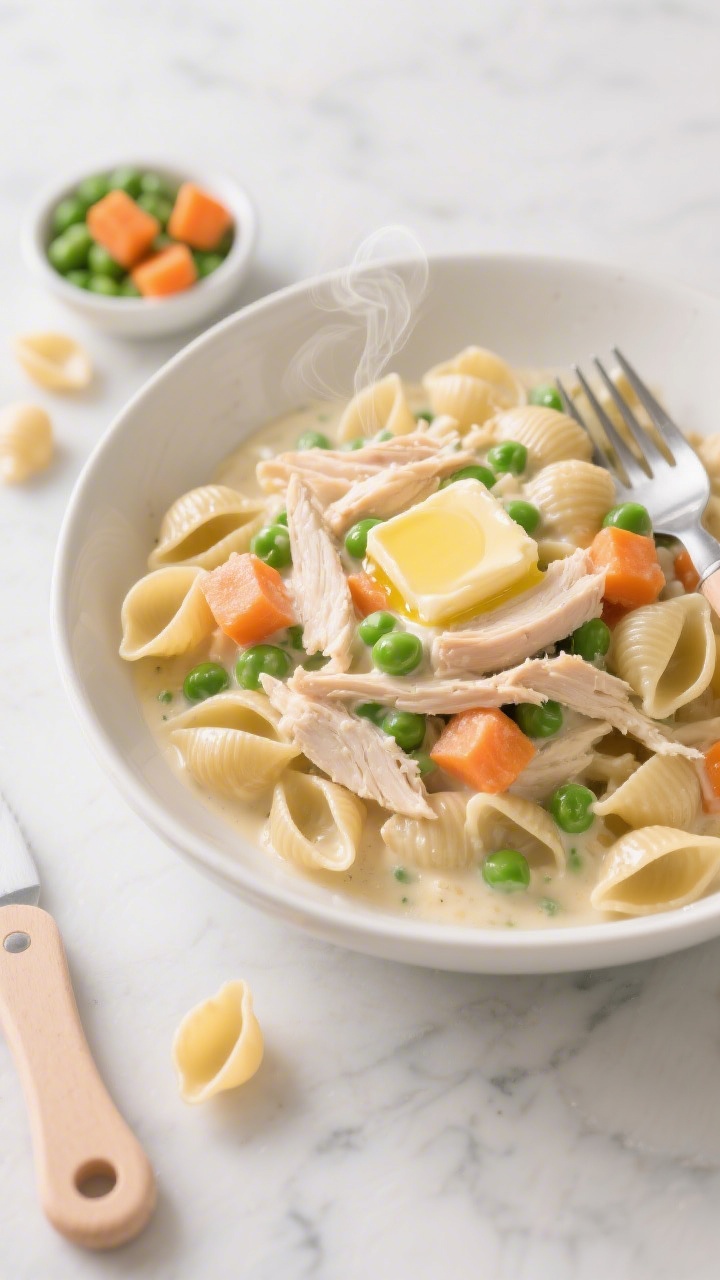 Overhead shot of a creamy chicken and veggie “hidden goodness” pasta in a shallow white bowl: mini shell pasta coated in a glossy butter-and-olive-oil creaminess, tender finely shredded cooked chicken folded through, bright green peas and orange carrot cubes peeking between the shells, a small pat of melting unsalted butter on top, and a drizzle of olive oil catching the light; styled on a pale marble surface with a toddler-friendly fork, a small bowl of extra peas and carrots, and scattered uncooked mini shells for context; soft daylight, high-key, appetizing steam visible