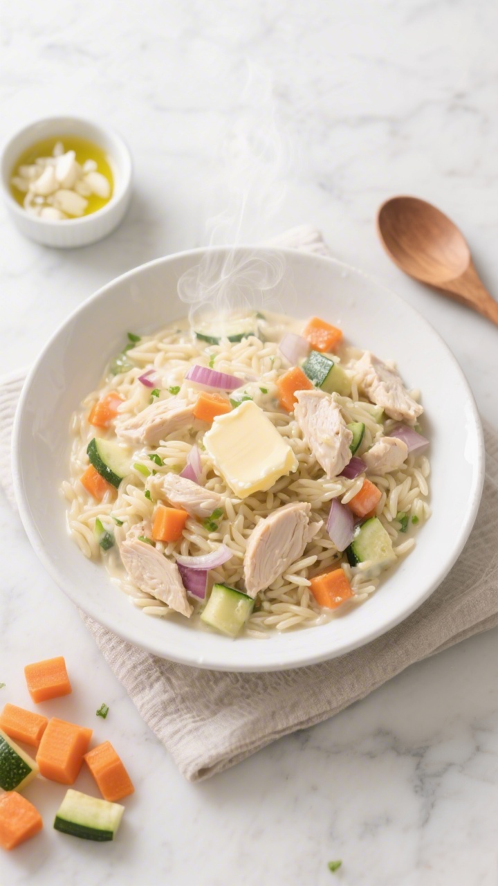 Overhead shot of a creamy chicken and veggie orzo in a wide, shallow white bowl on a light marble surface: tender orzo coated in a glossy cream sauce with finely minced onion, diced carrots, tiny zucchini cubes, and flecks of minced garlic, with visible bites of chopped chicken. Steam rising, a drizzle of olive oil sheen and a pat of melting unsalted butter nearby. Props include a small ramekin of minced garlic, a tiny pile of diced carrots and zucchini, and a wooden spoon resting on a linen napkin; bright, family-friendly mood, soft natural light.