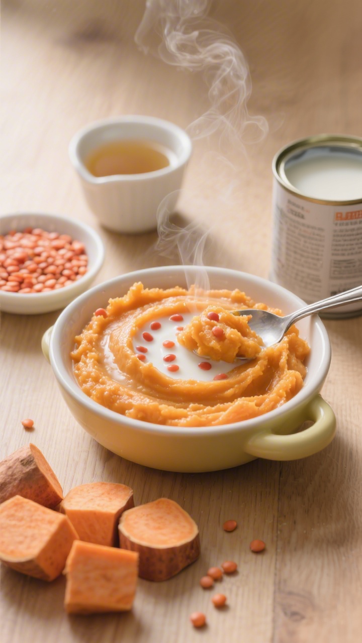 Overhead shot of a creamy coconut sweet potato mash in a small toddler-friendly bowl, silky orange mash swirled with full-fat coconut milk and tiny hidden red lentils blended in; a spoonful showing the velvety texture. Surround with raw elements: peeled and cubed sweet potato pieces, a small dish of rinsed red lentils, a cup of low-sodium vegetable broth/water, and an open can of coconut milk. Soft, warm lighting on a light wood surface, steam gently rising to emphasize warmth and creaminess.
