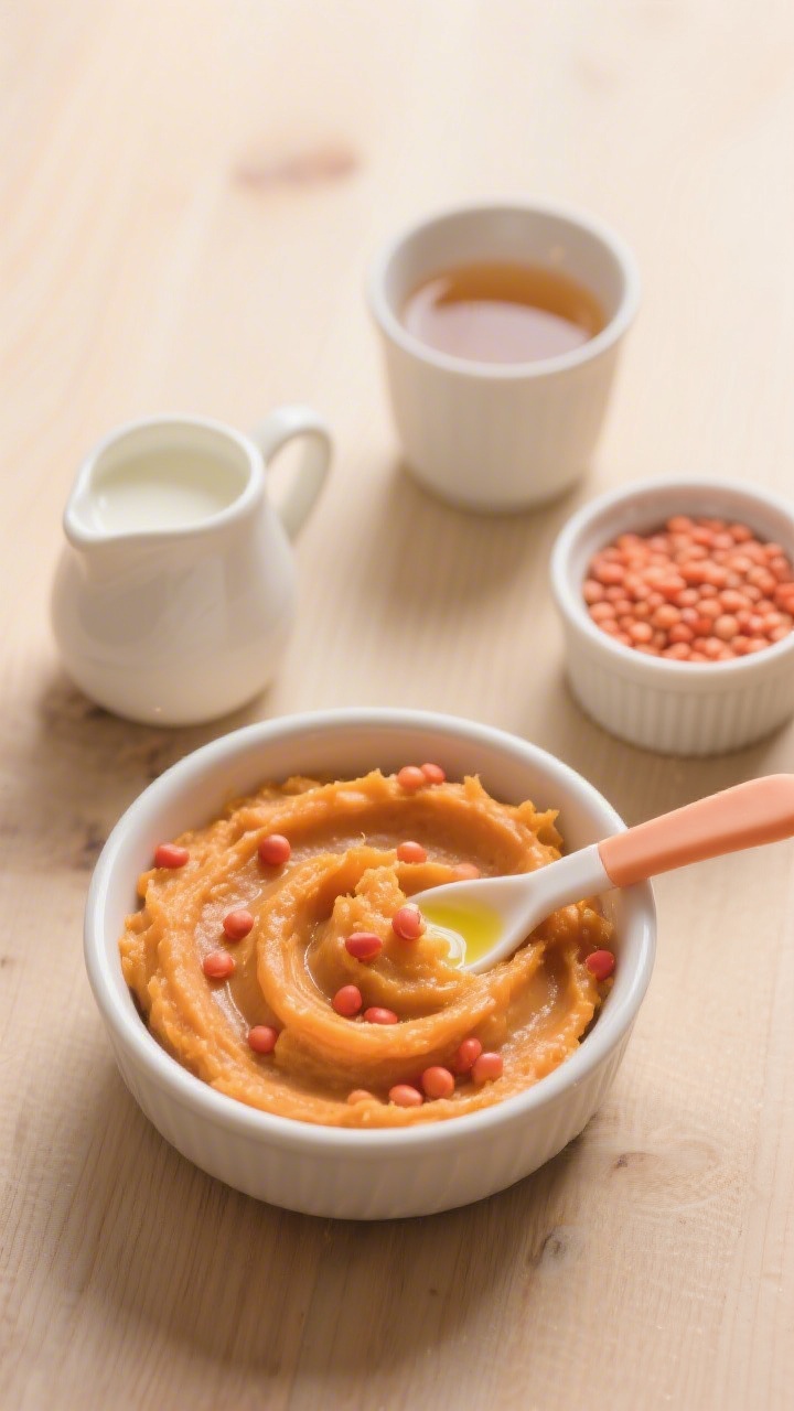 Overhead shot of a creamy coconut sweet potato mash in a small toddler-friendly white bowl, silky orange mash swirled with a spoon, with tiny red lentils visibly blended in and a glossy finish from olive oil; props include a mini silicone spoon, a small pitcher of full-fat canned coconut milk, a ramekin of rinsed red lentils, and a cup of low-sodium vegetable broth on a light wood surface; soft, warm lighting to emphasize the smooth texture and gentle, comforting mood; no garnishes, minimalist styling.