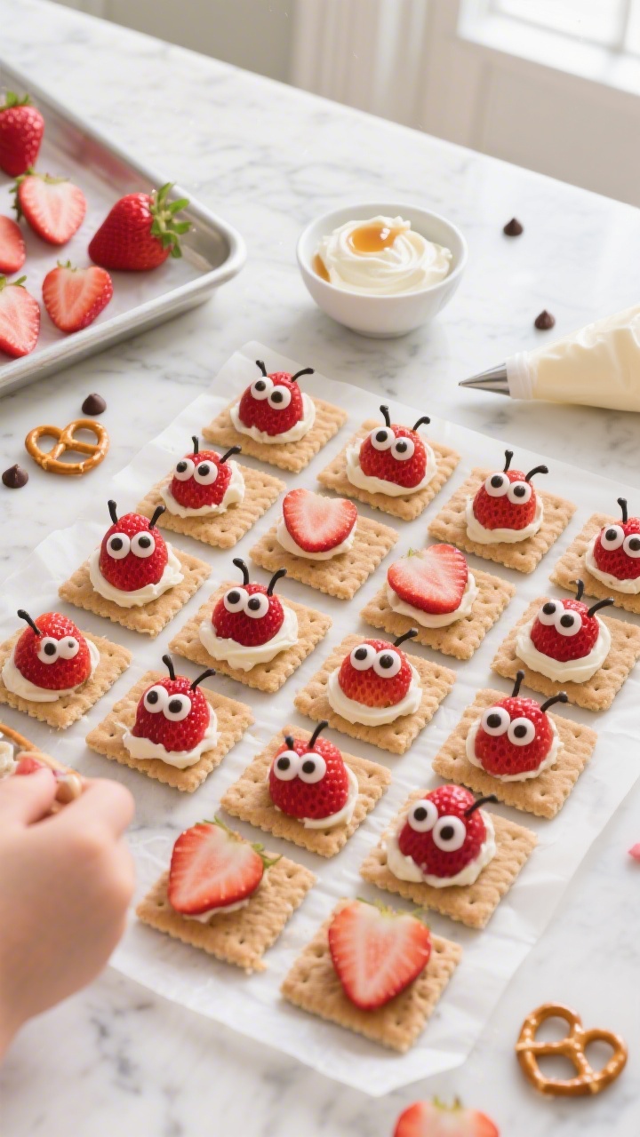 Overhead shot of a kid-assembly station for Strawberry “Love Bug” graham bites on a white marble surface: neat rows of 24 graham cracker squares, a small bowl of softened cream cheese blended with honey/maple syrup and vanilla, a piping bag ready; halved large strawberries as “wings,” mini chocolate chips and candy eyes for faces, tiny pretzel sticks for antennae, and a few finished love-bug bites on a parchment-lined tray; bright reds from strawberries, creamy white frosting, crunchy graham texture; soft natural window light, playful Valentine vibe, no people.