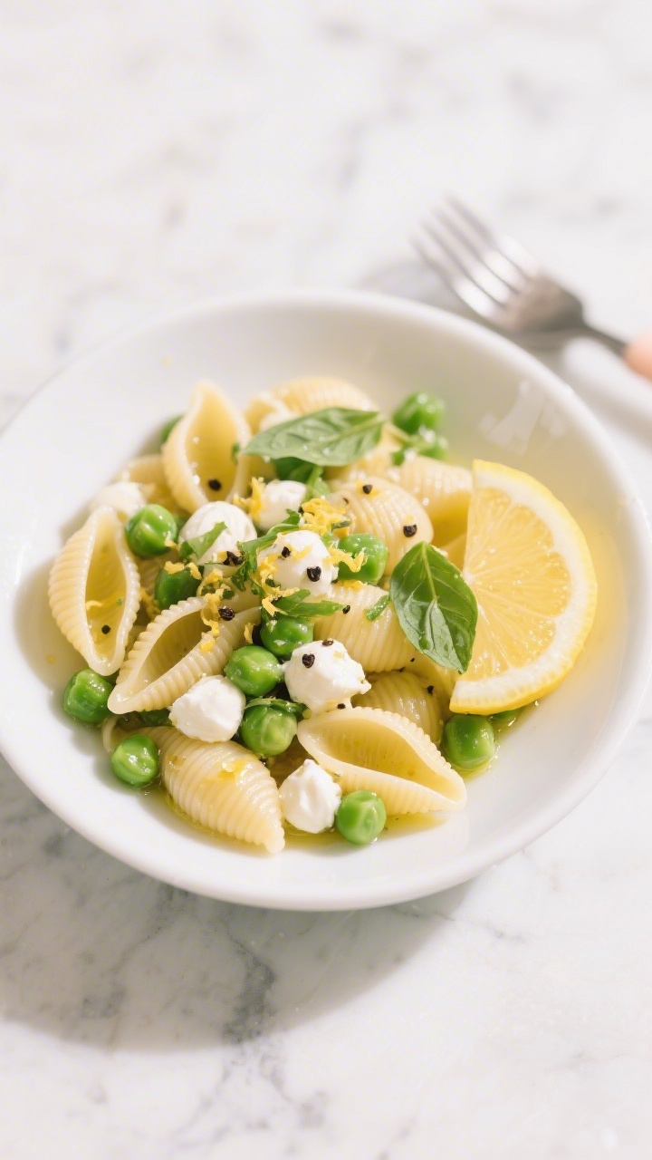 Overhead shot of a mini pasta salad in a shallow white bowl: cooled ditalini (or mini shells) tossed with thawed peas, mozzarella pearls, and a light lemony olive oil dressing; visible lemon zest flecks and cracked black pepper, tiny basil shreds for lift; a small toddler fork to the side, a lemon wedge partially squeezed in frame; bright, zesty palette on a marble surface, crisp shadows, clean modern styling.