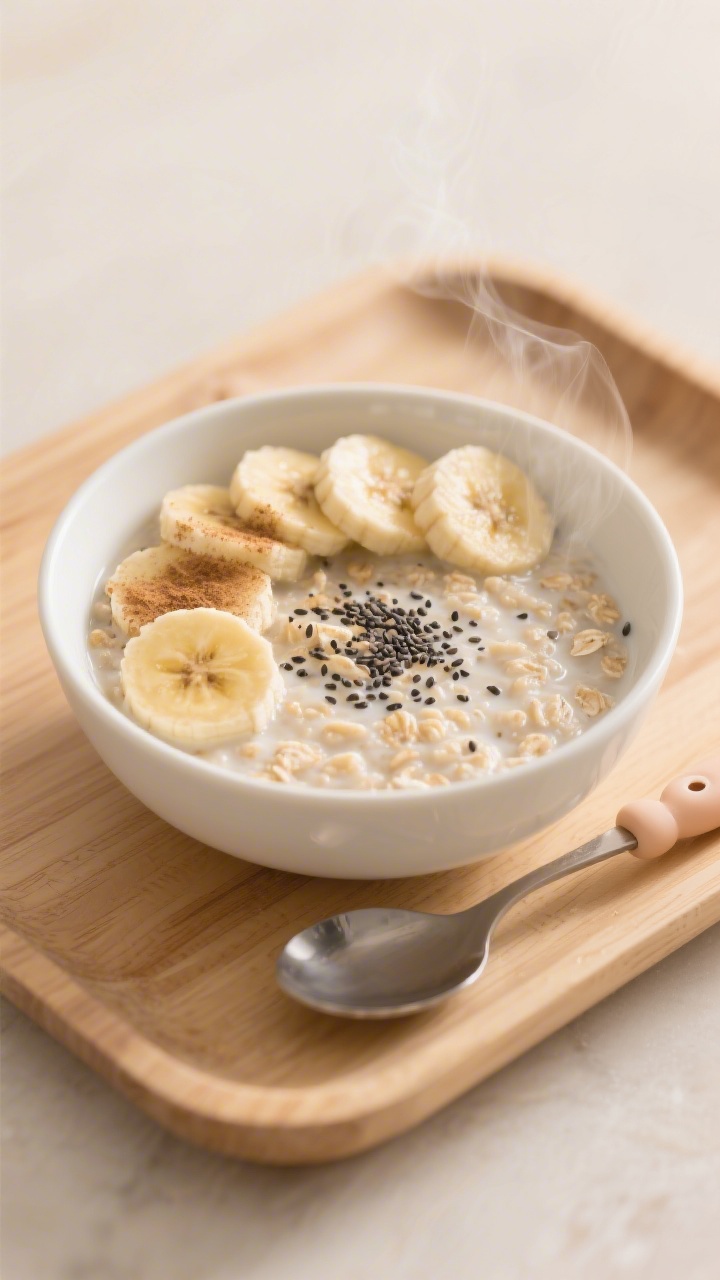 Overhead shot of a warm toddler bowl of creamy coconut banana oatmeal with hidden chia: certified gluten-free rolled oats simmered in coconut milk, mashed ripe banana folded in, speckled black chia seeds swelling through, topped with thin banana coins and a light sprinkle of cinnamon; soft, cozy beige and golden tones, gentle steam rising, served in a small white ceramic bowl on a pale wood tray with a tiny toddler spoon; minimalist styling to emphasize the creamy texture and chia flecks.