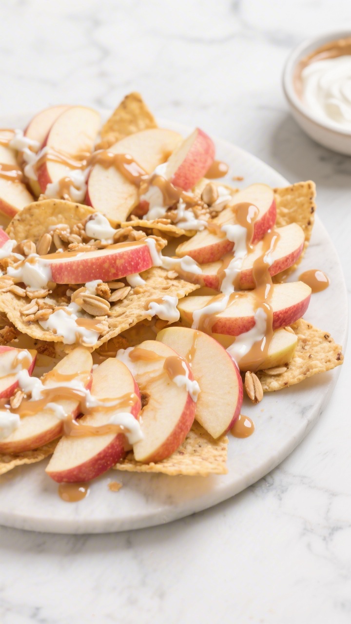 Overhead shot of apple nachos on a large round platter: thinly sliced Honeycrisp/Gala/Pink Lady apples fanned out and drizzled with a glossy yogurt “caramel” made from plain Greek yogurt and creamy almond or sunflower seed butter, lightly sweetened; tiny pools and ribbons of sauce, a sprinkle of optional toppings implied by a nearby small bowl; bright, fresh, snack-time vibe on a white marble surface.