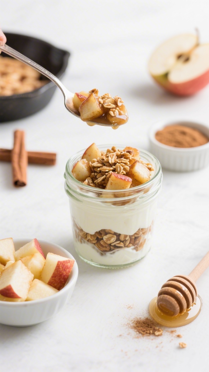 Overhead shot of Apple Pie Yogurt Parfait Jars: small glass jars layered with creamy Greek yogurt lightly sweetened with honey and vanilla, warm skillet-cooked cinnamon apples (from diced apples sautéed with a touch of sweetener), and a crunchy granola sprinkle on top. Show a spoonful mid-air above one jar, a small bowl of diced raw apples, a honey dipper with a glisten, and a pinch bowl of cinnamon nearby. Clean, bright whites, cozy apple-pie vibes.