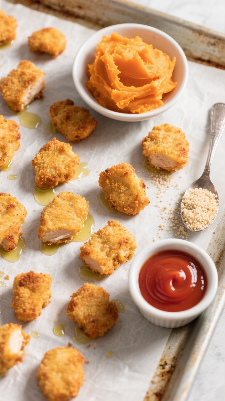 Overhead shot of bite-sized sweet potato chicken nugget bites on a parchment-lined sheet pan, golden and lightly crisp, brushed with olive oil. Include a small bowl of gluten-free breadcrumbs, a spoonful of mashed orange sweet potato, and a pinch bowl of salt and pepper in the frame. A ramekin of ketchup on the side, warm light, clean minimal styling, focus on the contrasting textures: tender interior, lightly crunchy exterior.