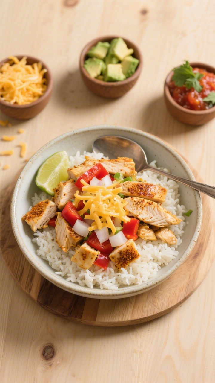 Overhead shot of build-your-own cheesy chicken taco rice bowls: fluffy white rice in a wide ceramic bowl topped with diced sautéed chicken breast seasoned with gluten-free taco seasoning, finely chopped onion, and red bell pepper, with melted cheddar scattered on top; surrounding small ramekins hold extra shredded cheese, lime wedges, avocado cubes, mild salsa, and cilantro; warm color palette with golden chicken, red peppers, and white onion; styled on a light wood table with a spoon poised for scooping, no people, bright natural light.