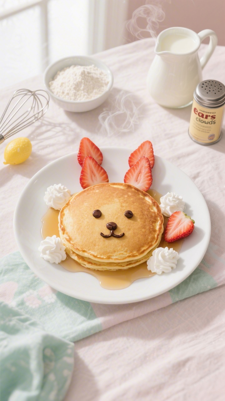 Overhead shot of Bunny Face Pancakes on a white plate: one large golden pancake with a smaller pancake for the snout, strawberry slices arranged as tall “ears,” mini whipped cream “clouds” around the plate, a drizzle of maple syrup sheen, and chocolate chip eyes and nose; prop the scene with a small bowl of all-purpose flour, a whisk, a jug of buttermilk (or milk with lemon), and a tin of baking powder/soda on a light pastel linen for an Easter morning vibe, soft natural window light, crisp focus, appetizing steam rising.