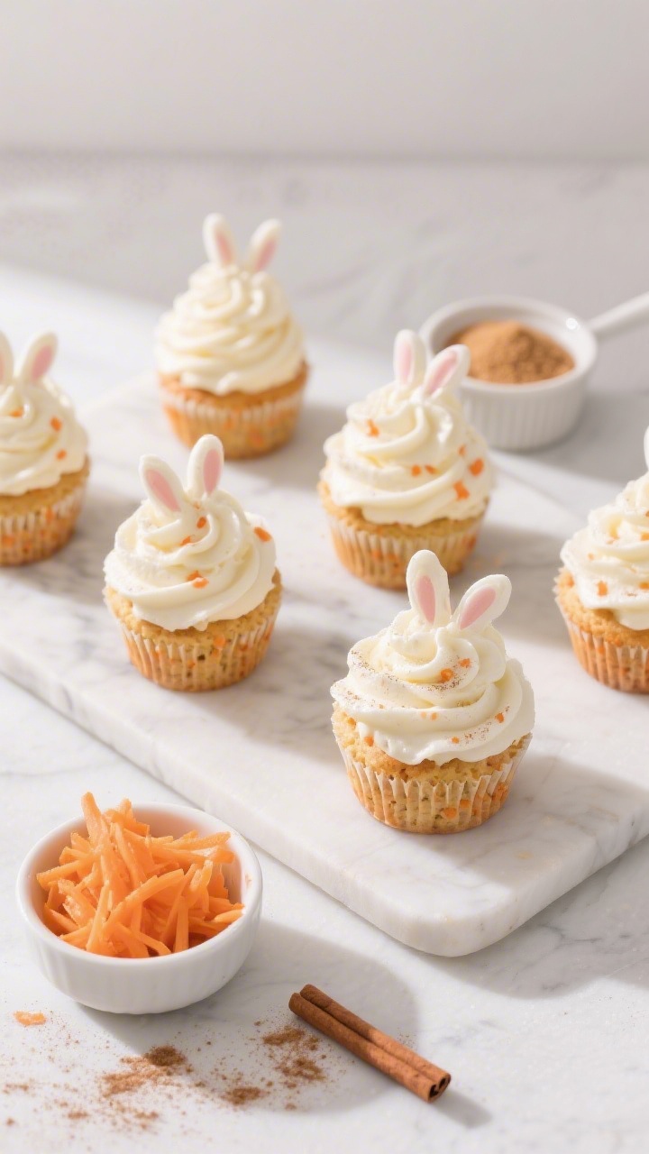 Overhead shot of bunny-soft mini carrot cupcakes on a white marble slab: bite-size cupcakes with visible fine carrot flecks, crowned with swirled fluffy cream cheese frosting like cloud peaks, lightly dusted with ground cinnamon. Include a small bowl of grated carrot, a ramekin of mixed granulated and light brown sugar, and tiny cinnamon sprinkle trails. Soft pastel props, warm daylight, shallow shadows, crisp texture on cupcake crumb and glossy frosting swirl, no people.