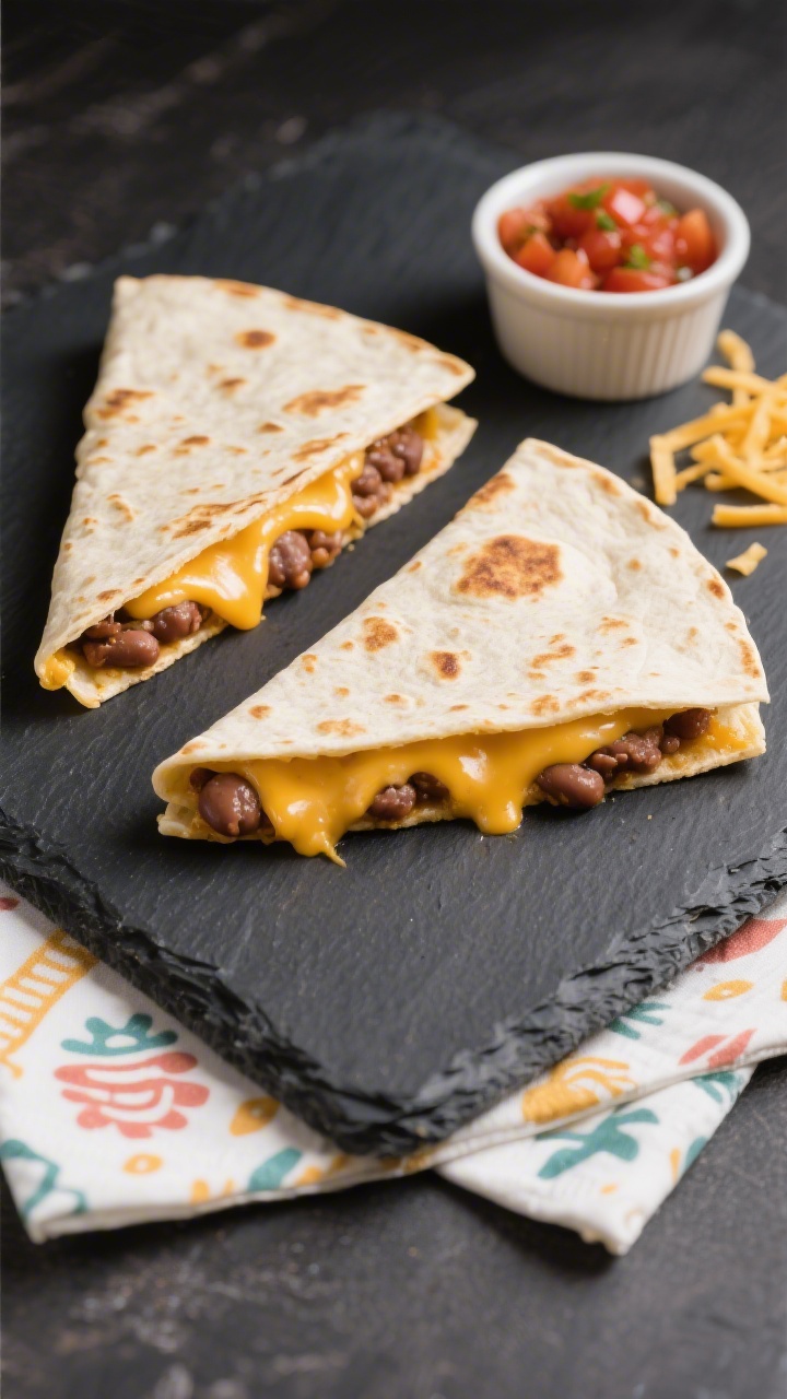 Overhead shot of cheesy bean quesadilla triangles, cooled and neatly fanned on a slate board: two small flour tortillas filled with refried beans, melted cheddar/Monterey Jack, and a hint of mild salsa or finely diced well-drained tomatoes; golden toasted spots visible, edges clean; a small ramekin of salsa beside, a few stray cheese shreds, and a napkin with playful pattern; crisp studio lighting to show melty-cheese pull at a cut edge.