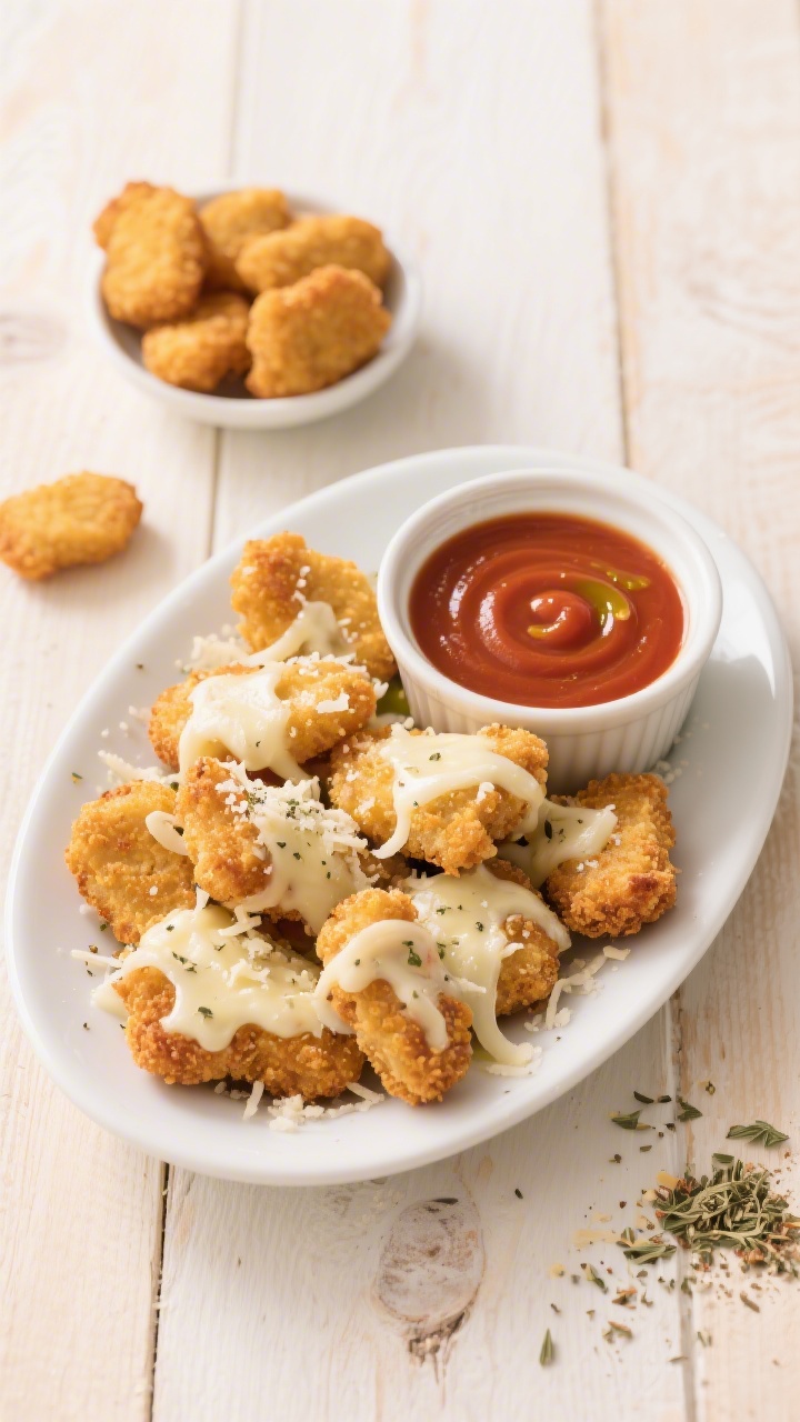 Overhead shot of Cheesy Chicken Nugget Parm Dippers: a white oval platter piled with golden frozen-style breaded chicken nuggets topped with melted shredded mozzarella and a dusting of grated Parmesan, lightly speckled with Italian seasoning; a warm ramekin of smooth kid-friendly marinara for dipping glistens with a swirl of olive oil; extra nuggets and a small dish of Italian seasoning scattered on a light wood surface, clean, kid-appealing styling, bright natural light, crisp textures of breading and stretchy cheese captured.