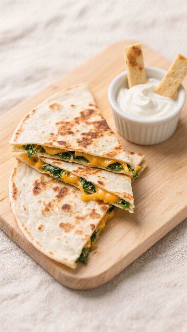 Overhead shot of cheesy veggie quesadilla dippers: two small 6-inch flour tortillas folded and griddled to golden brown with visible melted mild cheddar strands and hidden flecks of very finely chopped spinach, cut into narrow dippable strips and stacked beside a small ramekin of creamy sour-cream dip; show a toddler-friendly vibe with neat triangles, lightly charred spots, and oozing cheese; styled on a light wood board with a soft neutral linen, no people.