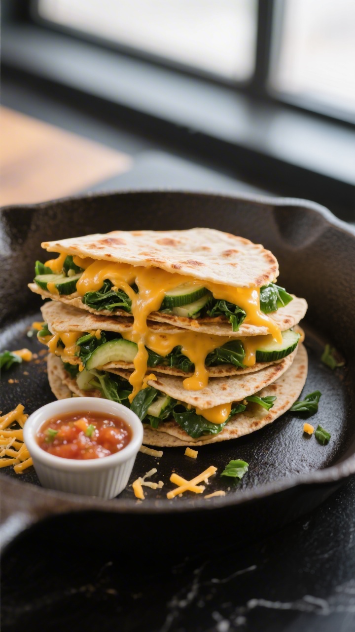 Overhead shot of cheesy veggie quesadilla stacks on a warm cast-iron skillet: whole-wheat 6-inch tortillas layered with melted shredded mild cheddar, finely chopped spinach, and finely grated zucchini (visibly squeezed dry), golden-brown crisp edges, a small ramekin of mild salsa on the side, stray shreds of cheese and green flecks scattered on a matte black surface, natural window light, shallow depth of field to emphasize gooey cheese pull, no people.