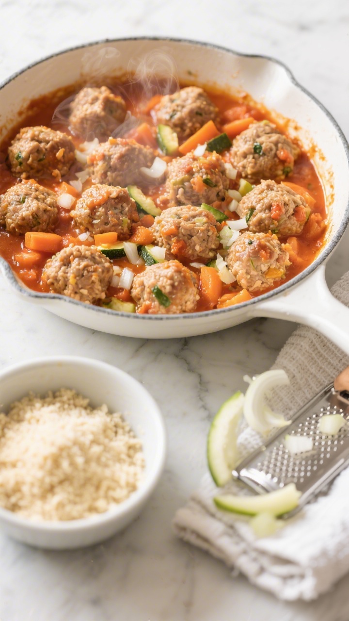 Overhead shot of cozy chicken and veggie meatballs simmering in hidden-carrot marinara: tender ground chicken meatballs flecked with grated onion and zucchini, bound with fine breadcrumbs and egg, nestled in a smooth, vibrant orange-red carrot-forward tomato sauce. Styled in a white enamel skillet on a light marble surface, a small bowl of extra fine breadcrumbs, grated zucchini squeezed in a towel, and a microplane with onion bits on the side; soft natural light, minimal garnish, steam gently rising, focus on moist, soft texture ideal for toddlers.