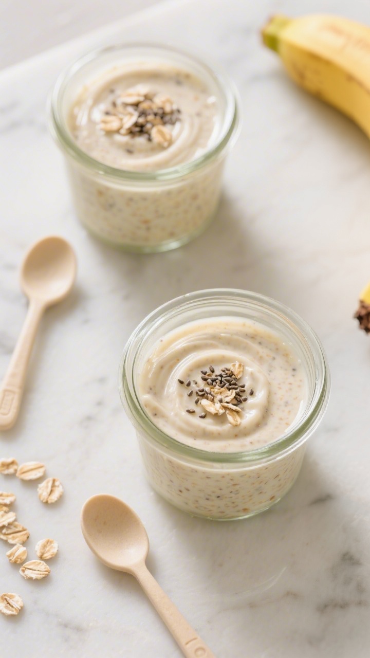 Overhead shot of creamy banana oat “yogurt” cups styled in small clear glass jars on a light marble surface: blended ripe banana, unsweetened applesauce, quick oats, and optional chia seeds create a thick, spoonable texture with visible oat flecks; a hint of vanilla essence. Garnish each cup with a sprinkle of dry oats and a few chia seeds on top, tiny toddler-sized spoons beside them, soft natural morning light, shallow depth of field to emphasize the creamy swirl and glossy surface.