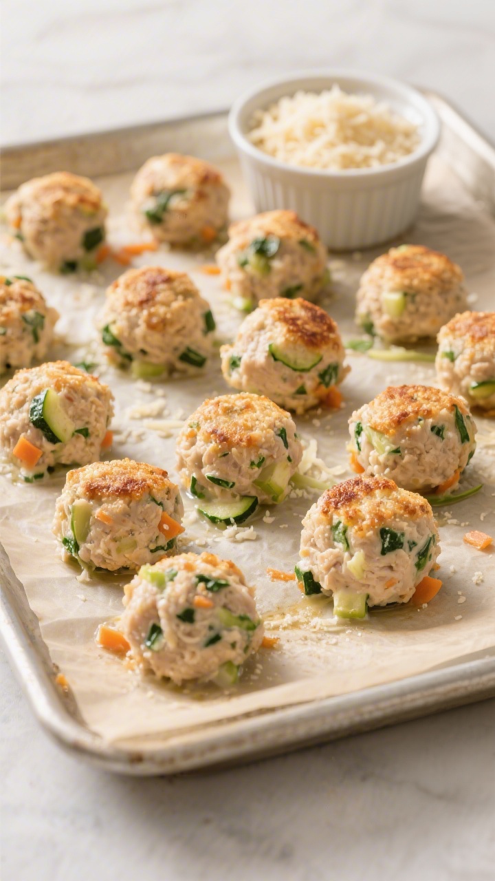 Overhead shot of creamy chicken and veggie mini meatballs fresh from the oven on a parchment-lined sheet pan: golden-browned ground chicken meatballs flecked with finely grated zucchini and carrot, tiny green specks of very finely chopped spinach, and a light breadcrumb crust; a small bowl of grated cheese nearby, a ramekin of plain breadcrumbs (or oat flour) to the side, soft natural light, neutral ceramic props, clean minimal styling emphasizing moist, tender texture and hidden veggies.