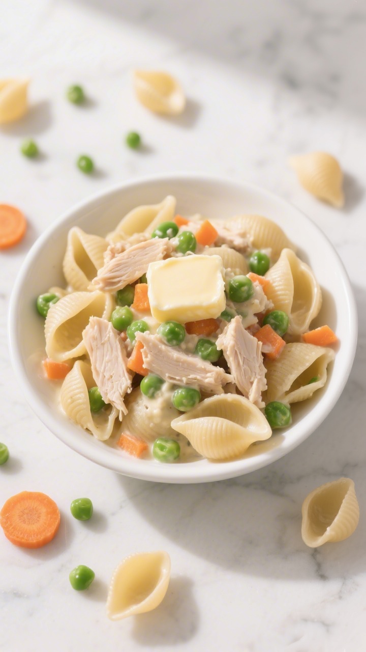 Overhead shot of creamy chicken and veggie mini pasta shells in a shallow white bowl: small pasta shells coated in a light buttery cream sheen, tender flaked canned chicken, bright peas, and finely chopped carrots, a pat of unsalted butter melting on top; scattered uncooked mini shells, peas, and carrot coins around on a pale marble surface; soft, toddler-friendly vibe, natural window light, minimal props, professional food styling, no people.