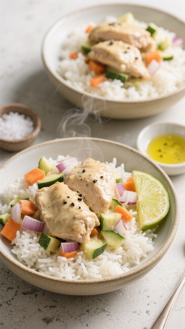 Overhead shot of creamy coconut chicken and veggie rice bowls: fluffy white rice in shallow ceramic bowls topped with bite-size chicken thigh pieces in a glossy coconut milk sauce, finely diced onion, carrots, and zucchini visible, flecks of black pepper and a squeeze of lime on the side, drizzled with olive oil; warm, soft light on a light stone surface, steam subtly rising to emphasize the 15-minute, cozy weeknight vibe, no people, professional styling with a small dish of sea salt and a spoon resting nearby.
