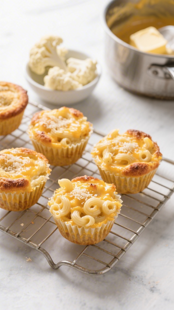 Overhead shot of creamy mac and cheese muffin cups on a cooling rack: golden, set cups made from elbow macaroni bound in a sharp cheddar cheese sauce with hidden pureed cauliflower; lightly browned tops with a faint dusting of grated Parmesan; a small bowl showing steamed cauliflower florets and a saucepan with buttery roux remnants nearby to hint at the process; bright, clean studio light, inviting baked texture.