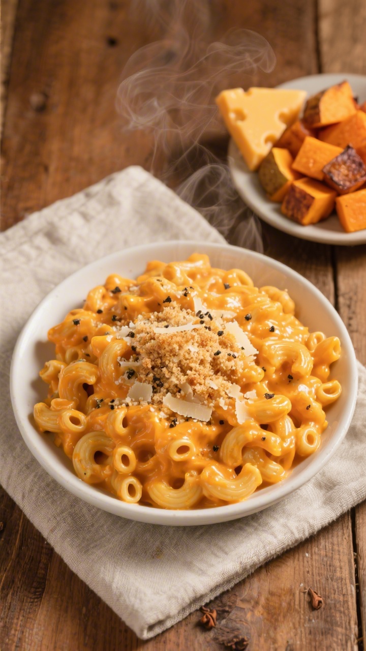 Overhead shot of creamy mac ’n’ cheese made with silky butternut squash sauce, elbow macaroni coated in glossy orange cheese, tiny flecks of nutmeg and black pepper, topped with a light sprinkle of parmesan and toasted breadcrumbs; a small side dish shows roasted butternut cubes and a wedge of sharp cheddar; styled on a warm wooden table with a neutral linen napkin, steam subtly rising, cozy kid-friendly vibe, no people.