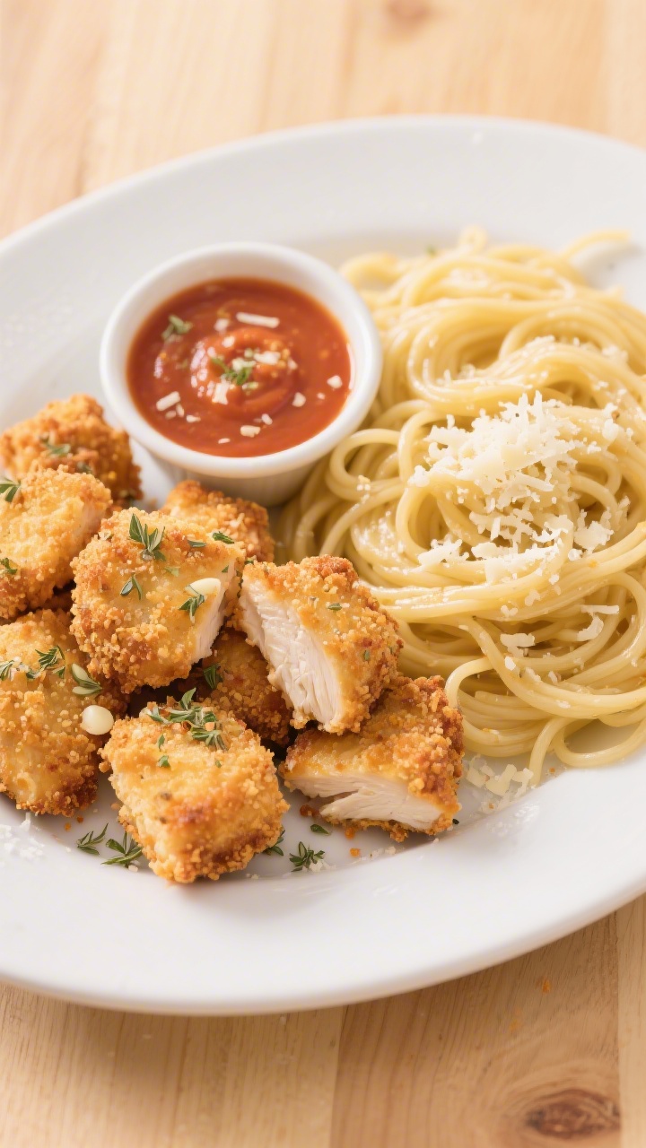 Overhead shot of crispy chicken parm bites and twirly noodles: golden panko-and-Parmesan–crusted 1-inch chicken breast pieces sprinkled with dried oregano, garlic and onion powder, piled beside glossy buttered spaghetti “twirls” with a light marinara dip cup; flecks of grated Parmesan on top, served on a white ceramic platter over a light wood table, bright kid-friendly mood, sharp texture on the crunchy coating, soft steam visible.