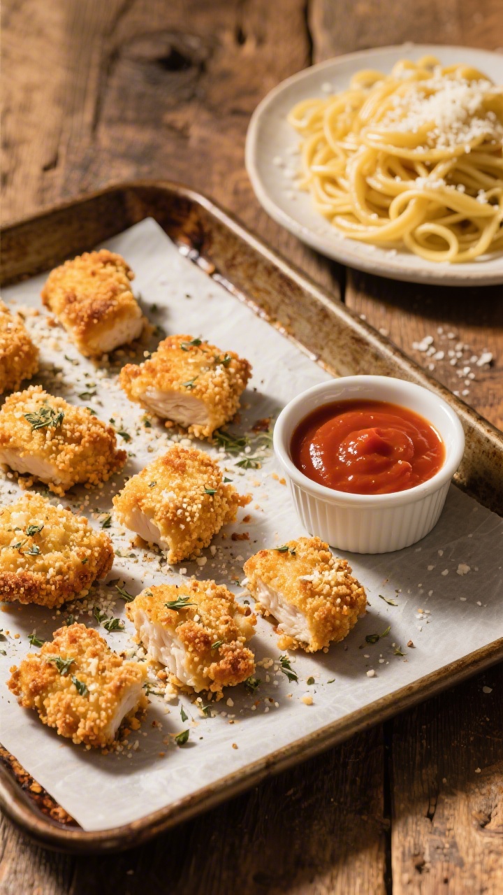 Overhead shot of crispy chicken parm bites just out of the oven on a parchment-lined sheet pan: golden panko-Parmesan crusted 1-inch chicken pieces sprinkled with dried Italian seasoning and kosher salt, a ramekin of warm marinara for dipping, and a side plate of twirly buttered noodles with a light Parmesan shower; rustic wooden surface, warm directional light highlighting crunchy texture.