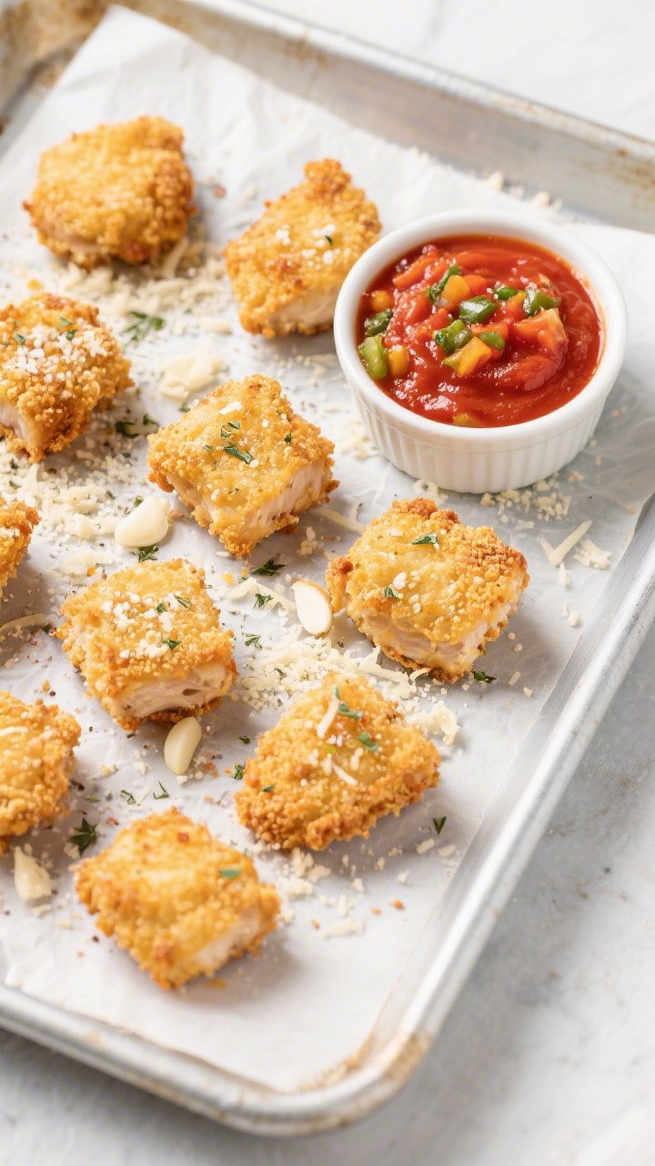 Overhead shot of crispy chicken parm bites on a parchment-lined sheet pan: golden panko-parmesan breaded 1-inch chicken pieces sprinkled with Italian seasoning, garlic powder, and kosher salt, served with a small ramekin of “secret veggie” marinara (red sauce with finely blended vegetables) for dipping; scattered panko crumbs and a dusting of grated Parmesan on a cool-toned baking tray, bright, kid-friendly Italian vibes, sharp detail on crunchy texture.