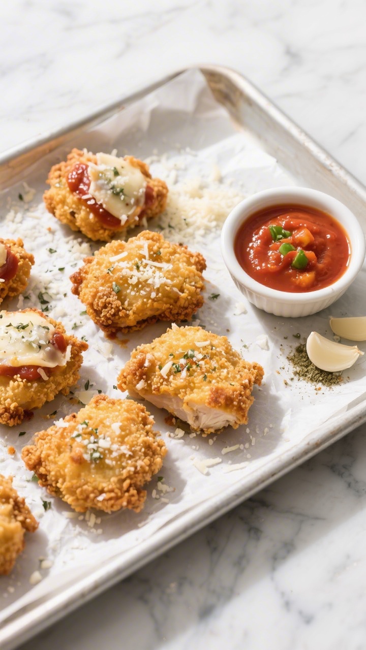 Overhead shot of crispy chicken parm bites on a parchment-lined sheet pan, golden panko-Parmesan crust glistening, sprinkled with Italian seasoning and flakes of kosher salt; a small ramekin of “sneaky veggie” marinara (smooth tomato base with visible flecks of finely blended veggies) for dipping, a dusting of extra grated Parmesan, and a pinch of garlic powder on the side; cool-toned marble surface for contrast, bright directional light to emphasize crunchy texture.