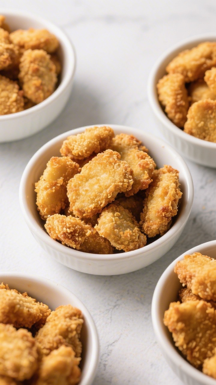 Overhead shot of crispy gluten-free chicken nugget bowls: golden