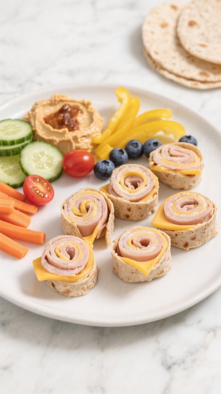 Overhead shot of five-minute turkey-cheese roll-ups sliced into pinwheels on a toddler-size white plate, paired with a rainbow snack plate: hummus smear, cucumber rounds, cherry tomato halves, carrot sticks, yellow bell pepper strips, blueberries, and a few whole-wheat tortilla wedges. Show visible layers of nitrate-free deli turkey and mild cheddar wrapped in whole-wheat tortillas, soft natural light, clean marble surface, minimal props, vibrant yet balanced colors, focus on tidy, bite-size presentation for toddlers.