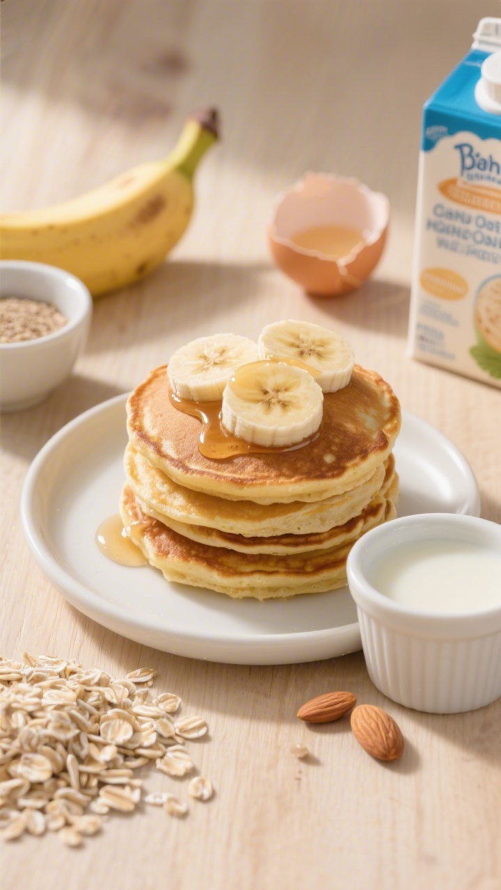 Overhead shot of fluffy banana oat blender pancakes stacked on a small toddler-friendly white plate, golden-brown with soft texture, topped with thin banana slices and a light drizzle of maple syrup, with a small ramekin of unsweetened oat milk on the side; visible ingredients around the plate: rolled oats, a ripe banana, cracked egg shell (or flax meal with water in a tiny bowl), and almond milk carton edge; warm morning light on a light wood surface, minimal props, clean, dairy-free vibe.