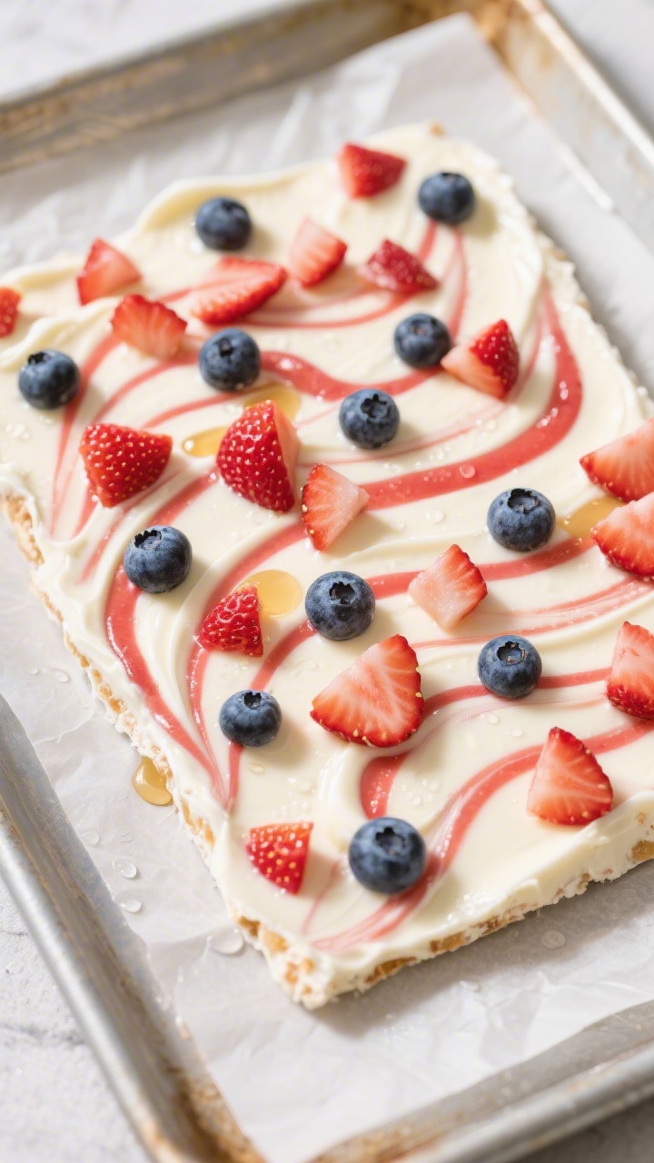 Overhead shot of Frozen Yogurt Bark on a parchment-lined sheet pan: a smooth layer of vanilla Greek yogurt lightly sweetened with honey/maple syrup and vanilla extract, swirled with ruby strawberry puree ripples. Topped with finely chopped strawberries and whole blueberries scattered in playful patterns. Frosty, matte texture, condensation hints, bright natural light, minimal props for a refreshing summer feel.