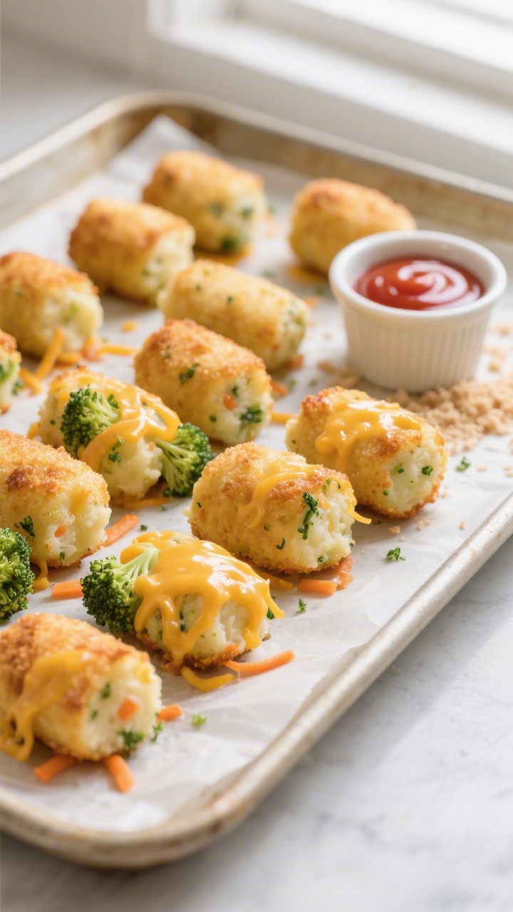 Overhead shot of golden-baked cheesy veggie tots arranged on a parchment-lined sheet pan, crisp edges visible, with flecks of finely grated broccoli florets and carrot peeking through the mashed potato base, lightly melted shredded mild cheddar glistening; a small ramekin of ketchup on the side, crumbs scattered for texture; natural window light, neutral backdrop for a clean, kid-friendly feel.