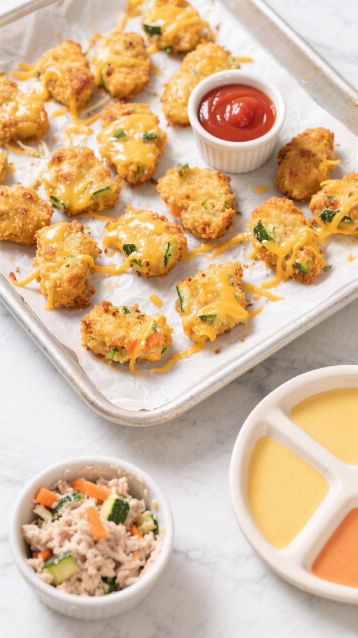 Overhead shot of golden-brown cheesy chicken veggie nuggets on a parchment-lined sheet pan, with visible flecks of finely grated zucchini and carrot, melted mild cheddar strands pulling at the edges, a small ramekin of ketchup and a toddler-friendly sectioned plate nearby; include a small bowl showing the raw mixture with ground chicken, zucchini squeezed dry, carrot, and shredded mozzarella to hint at ingredients; bright, clean lighting, crisp textures, no people.