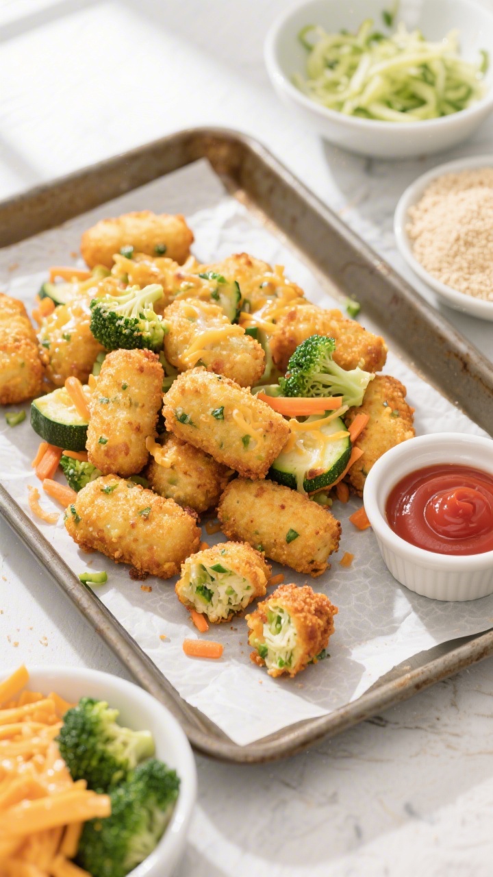 Overhead shot of golden-brown cheesy veggie tots piled on a parchment-lined sheet pan, flecks of zucchini, carrot, and finely chopped broccoli visible inside the crispy edges, with a small ramekin of ketchup on the side; include a styling corner showing bowls of squeezed-dry grated zucchini, grated carrot, chopped steamed broccoli florets, shredded mild cheddar, and plain breadcrumbs to hint at the ingredients; bright, kid-friendly mood, natural window light, shallow depth for appetizing texture.