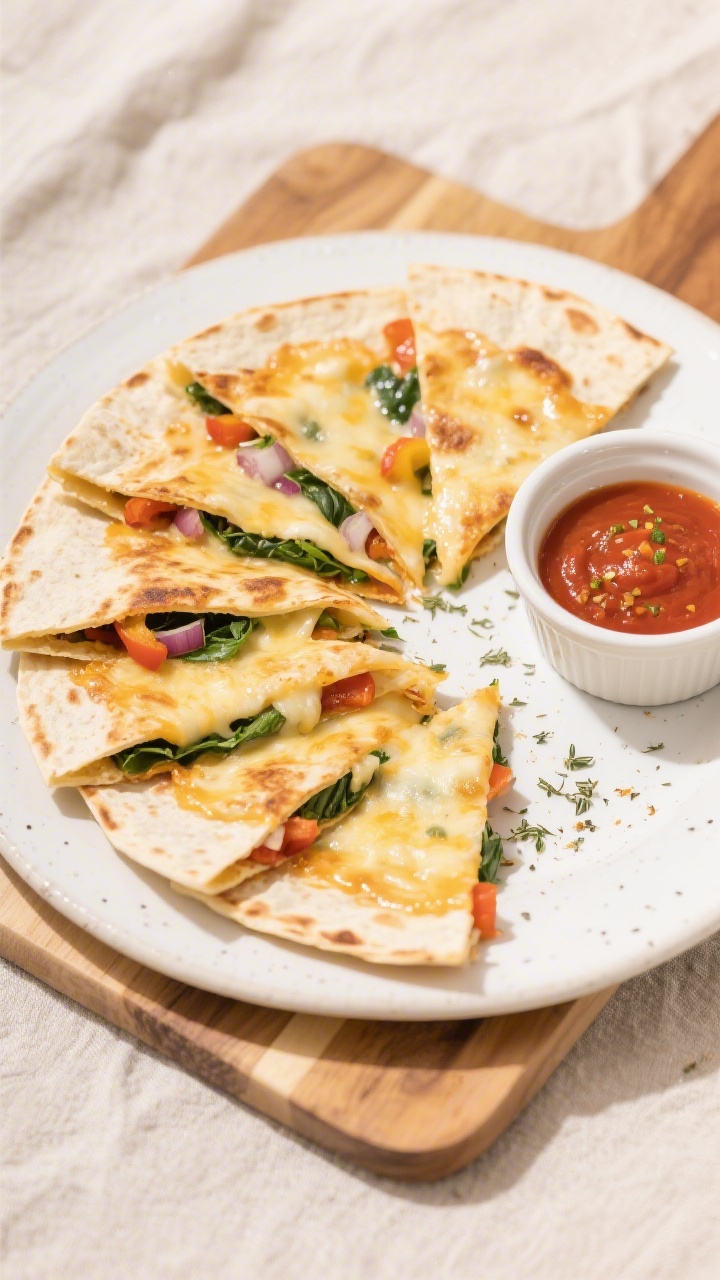 Overhead shot of hidden veggie cheesy pizza quesadillas cut into triangles and fanned on a white ceramic platter, gooey melted mozzarella stretching from golden-crisp tortilla edges, a small ramekin of mild pizza sauce on the side for dipping, visible flecks of finely chopped baby spinach, finely diced bell pepper, and tiny bits of minced onion tucked between layers; light marinara smear, a dusting of dried oregano, styled on a warm wooden board with a neutral linen, bright kid-friendly vibe, professional lighting and crisp detail.