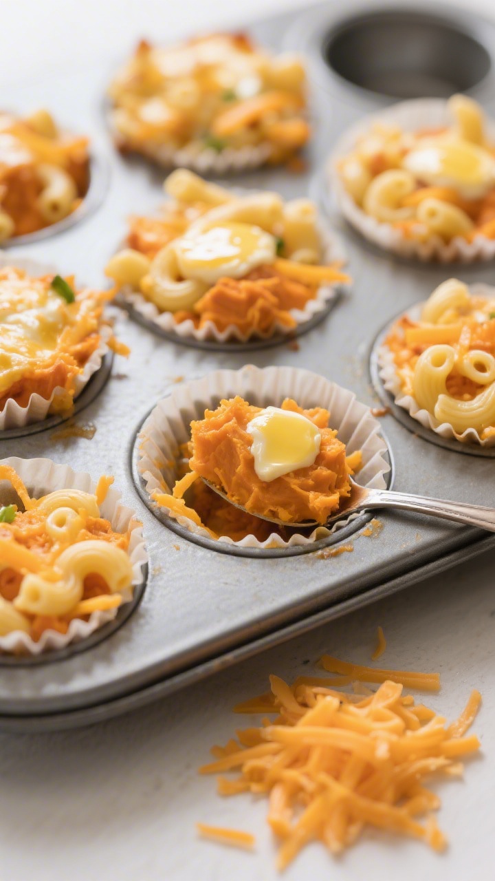 Overhead shot of hidden veggie mac-and-cheese cups in a parchment-lined muffin pan: tender elbow macaroni bound with silky mashed sweet potato and shredded mild cheddar, lightly glazed top from butter, set custardy from milk and beaten egg; a spoonful of extra sweet potato mash and a small pile of shredded cheddar off to the side; golden-orange hues, clean studio light.