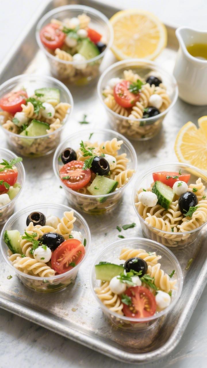 Overhead shot of hydrating pasta salad cups with lemon-herb kick: individual clear cups filled with whole-wheat rotini, halved cherry tomatoes, diced cucumber, mozzarella pearls or diced string cheese, and chopped black olives; glistening with a light lemon-herb vinaigrette, flecks of parsley visible; cups arranged grid-style on a brushed metal tray with lemon wedges and a tiny pitcher of dressing nearby; fresh, summery color palette, high clarity.