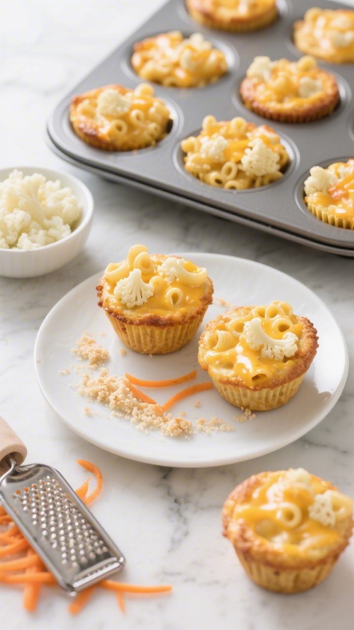 Overhead shot of mini mac-and-cheese muffin cups in a nonstick muffin tin, golden and bubbly with lightly browned edges, each cup studded with finely riced cauliflower and flecks of finely grated carrot, creamy milk-and-butter cheese sauce visibly binding the small elbow pasta; a few cups lifted out onto a white plate with crumbs and melted cheese strands, set on a light marble surface with a small bowl of riced cauliflower and a microplane grater with carrot shavings nearby; bright, kid-friendly, cozy mood, natural soft window light, shallow depth of field, no people.