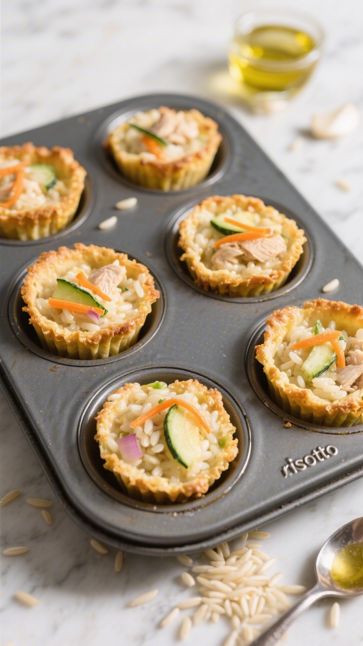 Overhead shot of mini muffin tin filled with creamy chicken orzo “risotto” cups, golden on top and neatly portioned; visible flecks of finely grated carrot and zucchini ribbons, tiny bits of minced shallot, and a hint of garlic; scattered uncooked orzo and a drizzle-ready tablespoon of olive oil styled on a light marble surface; soft, kid-friendly mood with warm, natural light, shallow shadows, professional food styling emphasizing creamy texture and tender orzo pearls.